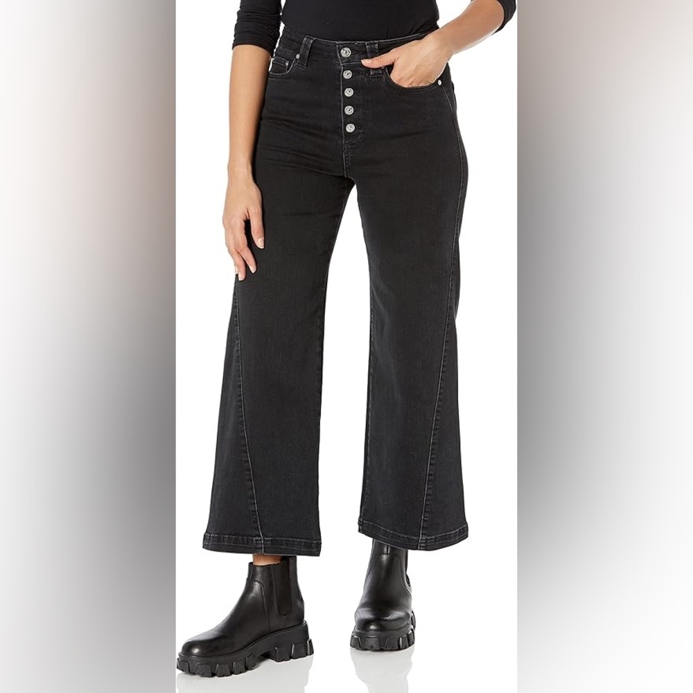 PAIGE Black High-Rise Wide Leg Button-Fly Jeans